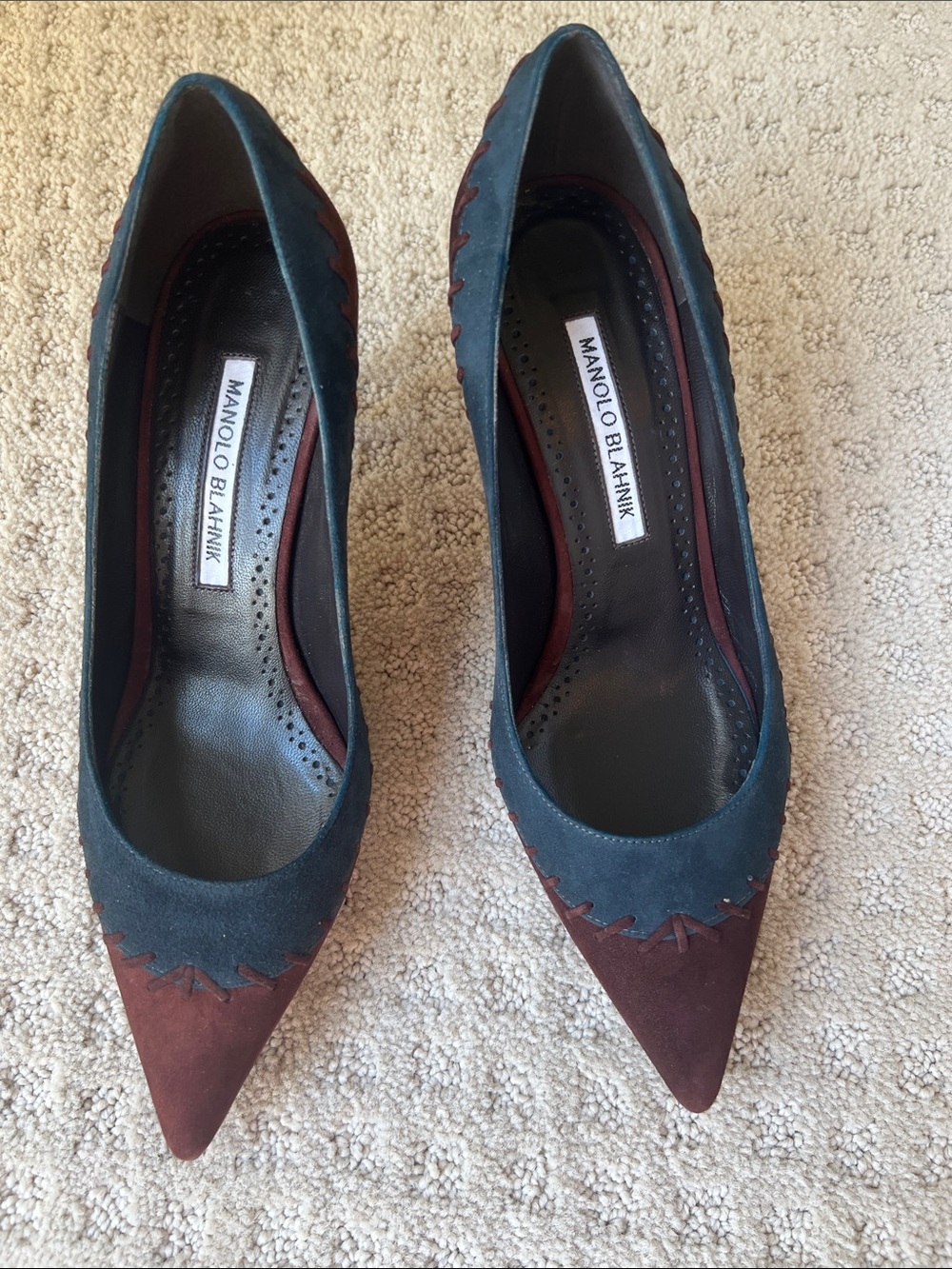 Manilo Blahnik two tone brown and blue heals. Size 7 1/2. Suede.
